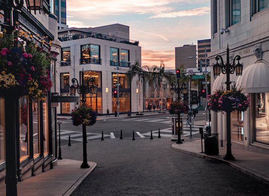 Variety of designer stores on Rodeo Drive, Beverly Hills, California