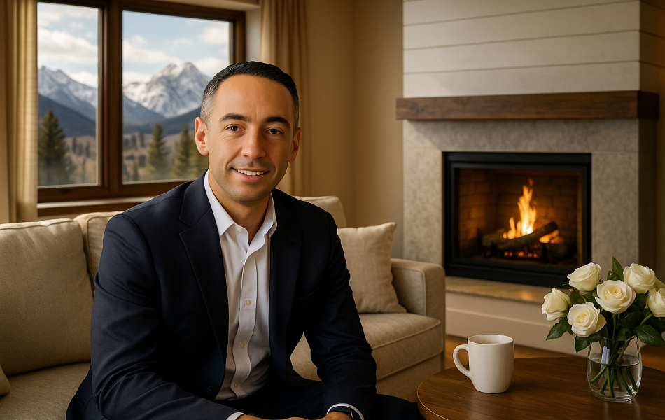 Robert Wallace sitting in luxury living room with fireplace